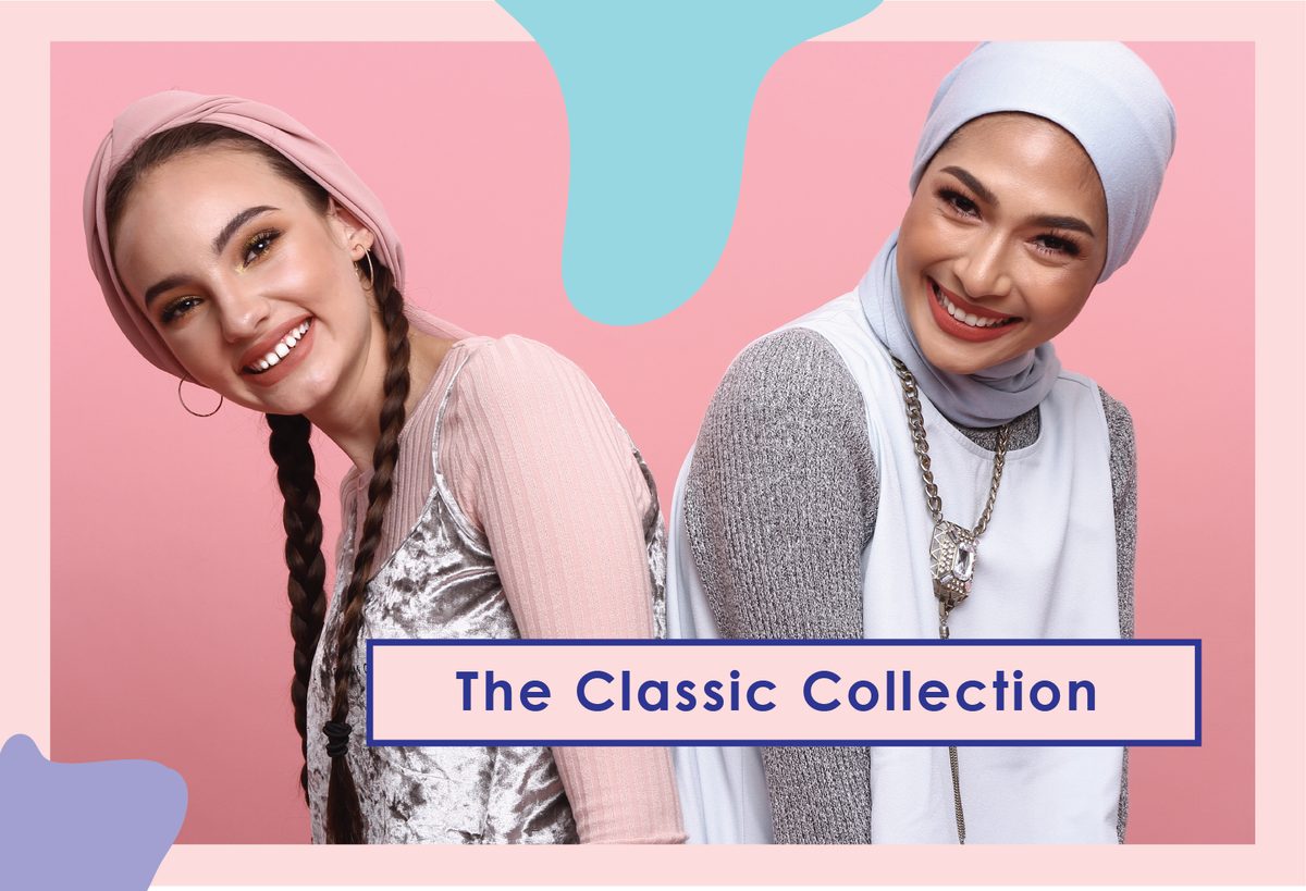Orkid Cosmetics campaign visual for The Classic Collection, two models back to back on a pink and blue set.